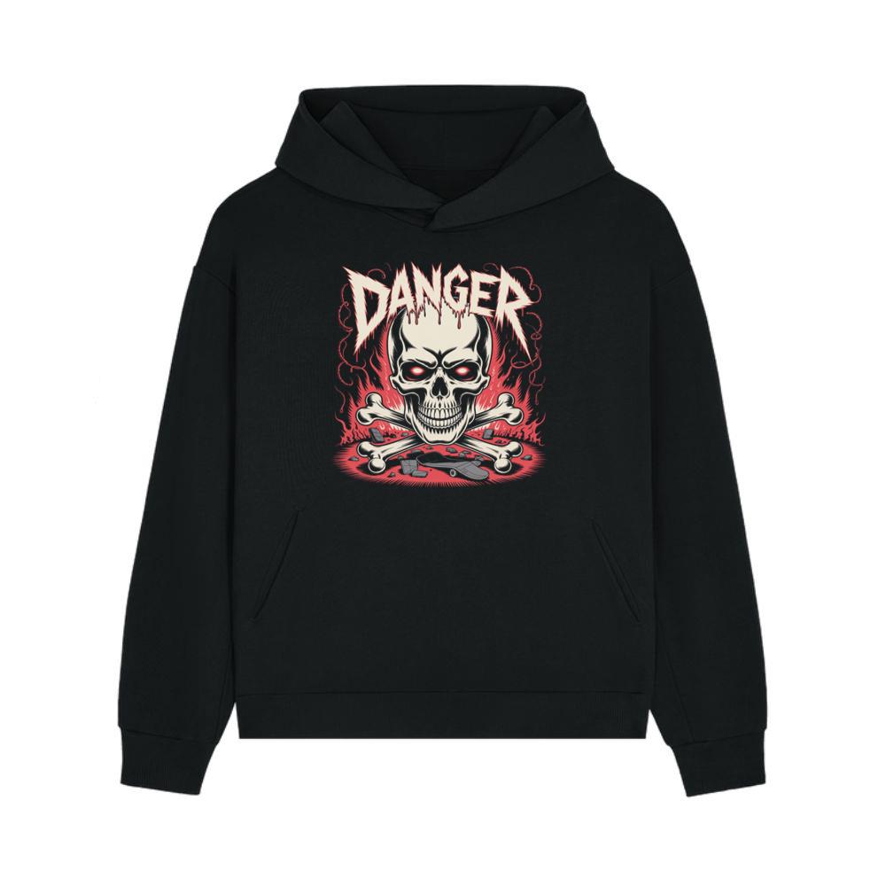Danger Flaming Skull with Fire and Warning Typography Hoodie