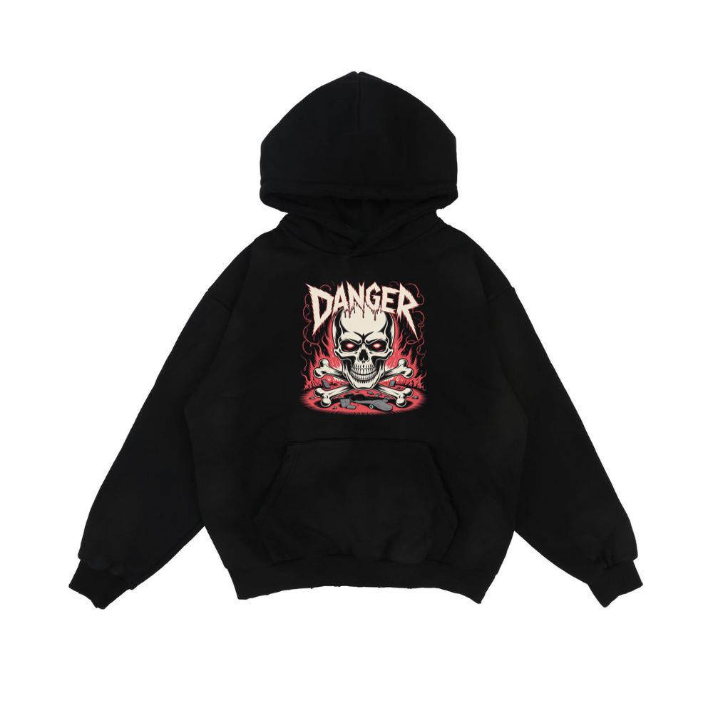 Danger Flaming Skull with Fire and Warning Typography Hoodie