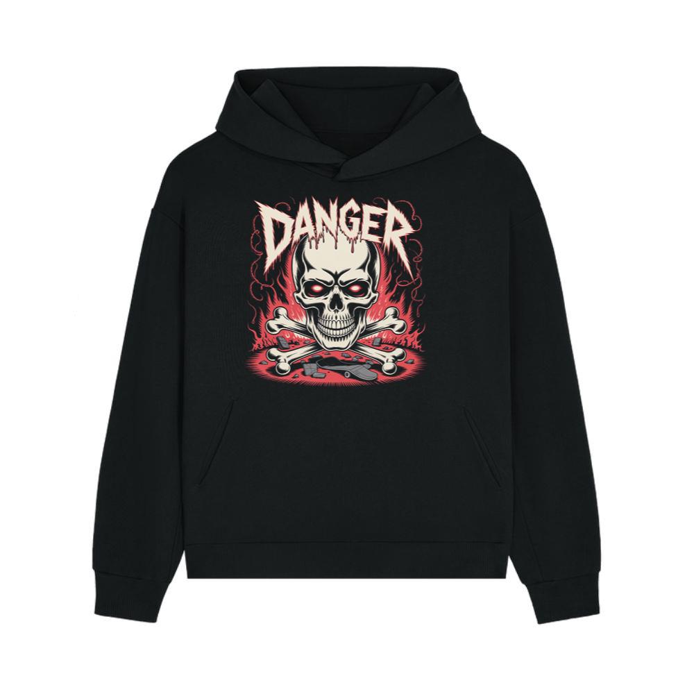 Danger Flaming Skull with Fire and Warning Typography Hoodie