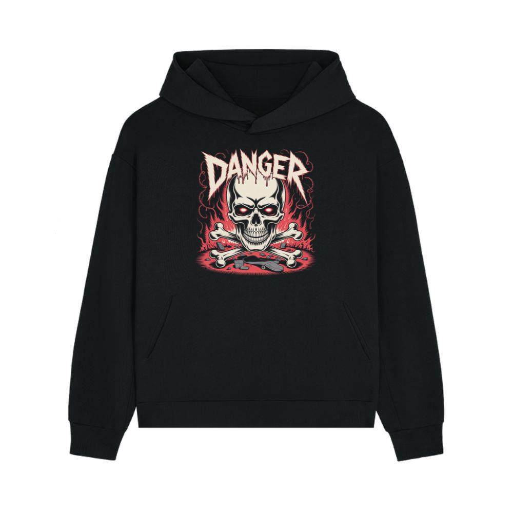 Danger Flaming Skull with Fire and Warning Typography Hoodie