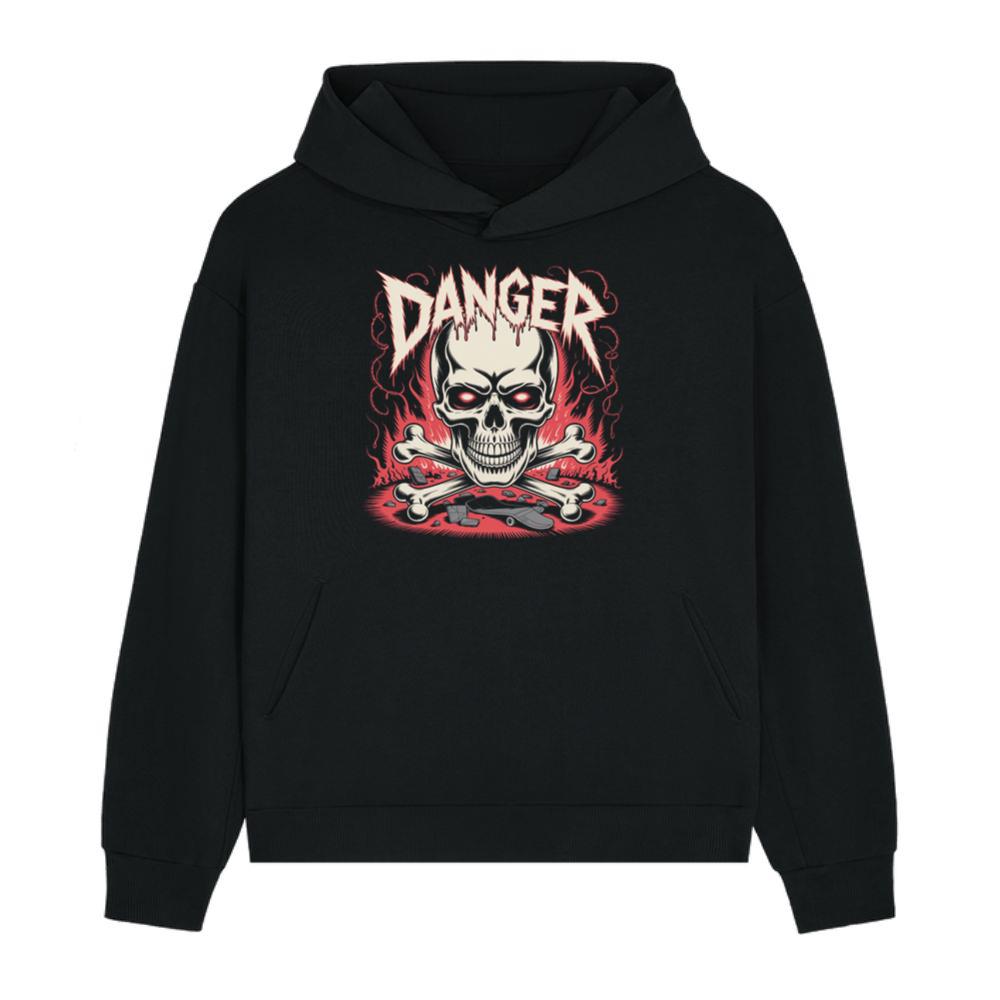 Danger Flaming Skull with Fire and Warning Typography Hoodie