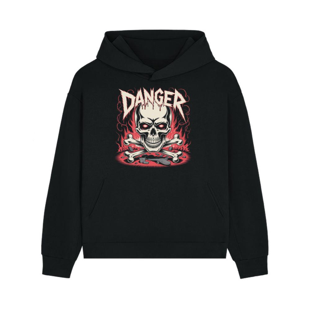 Danger Flaming Skull with Fire and Warning Typography Hoodies