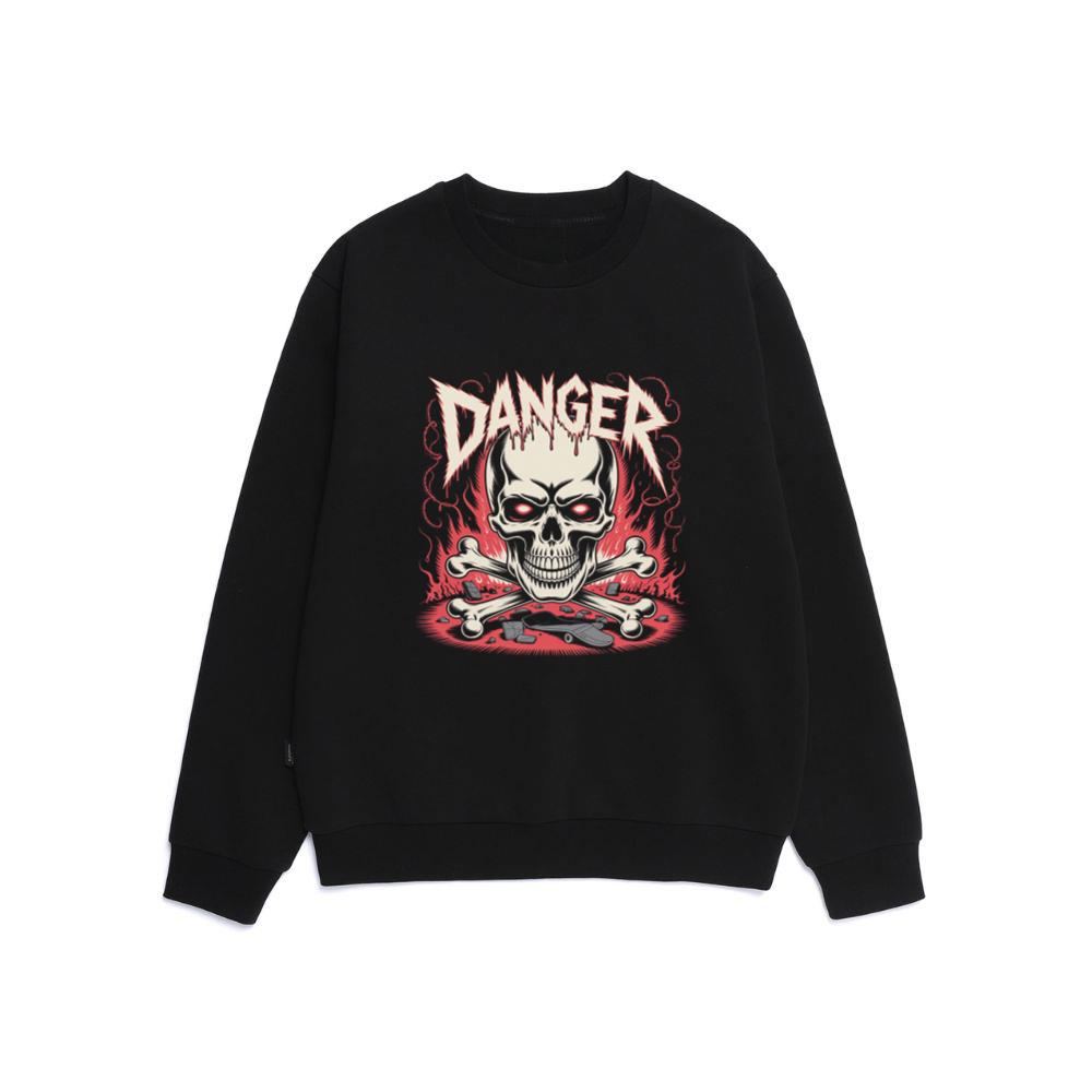 Danger Flaming Skull with Fire and Warning Typography Sweatshirt