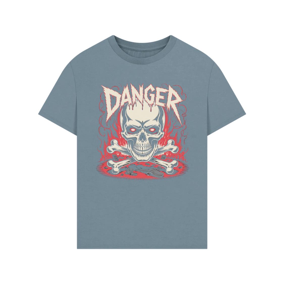 Danger Flaming Skull with Fire and Warning Typography T-Shirt