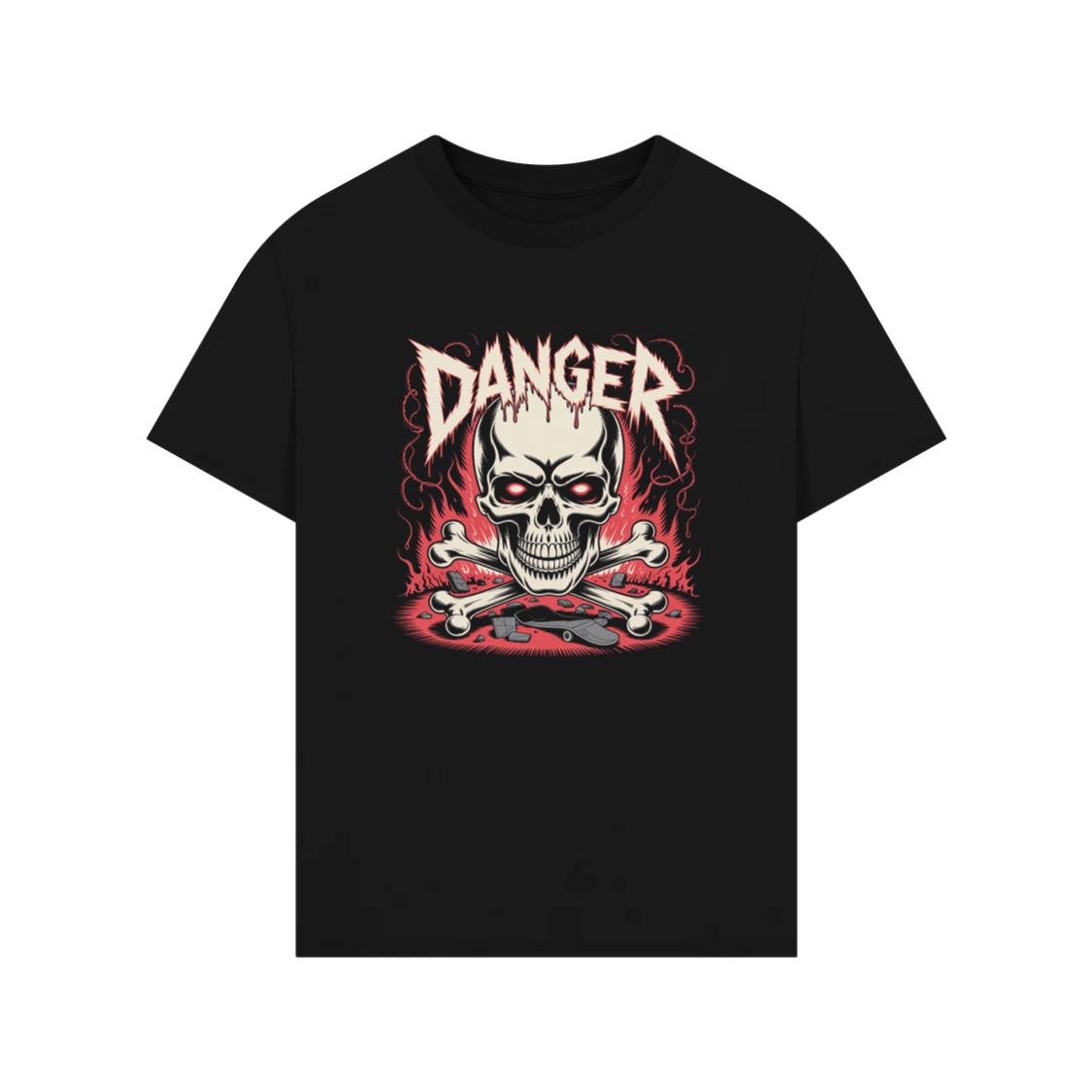 Danger Flaming Skull with Fire and Warning Typography T-Shirt