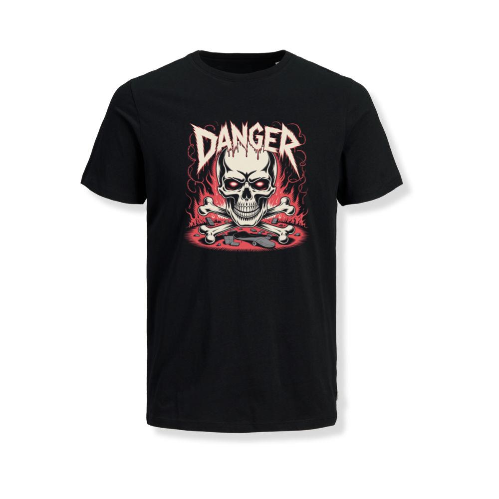 Danger Flaming Skull with Fire and Warning Typography T-Shirt