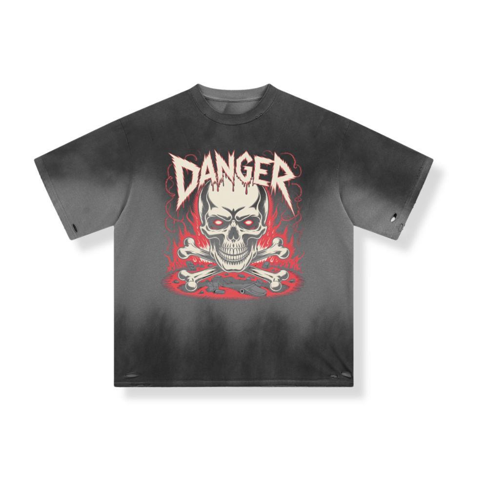 Danger Flaming Skull with Fire and Warning Typography T-Shirt