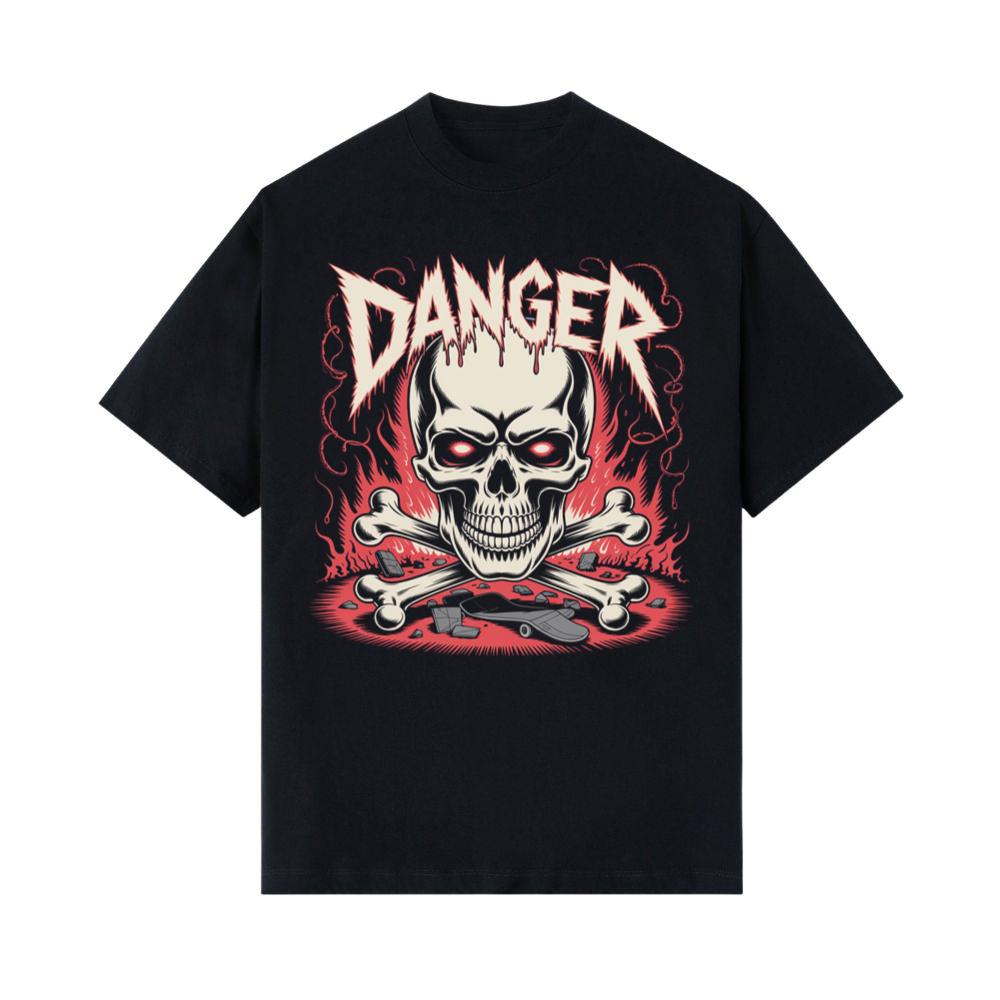 Danger Flaming Skull with Fire and Warning Typography T-Shirts