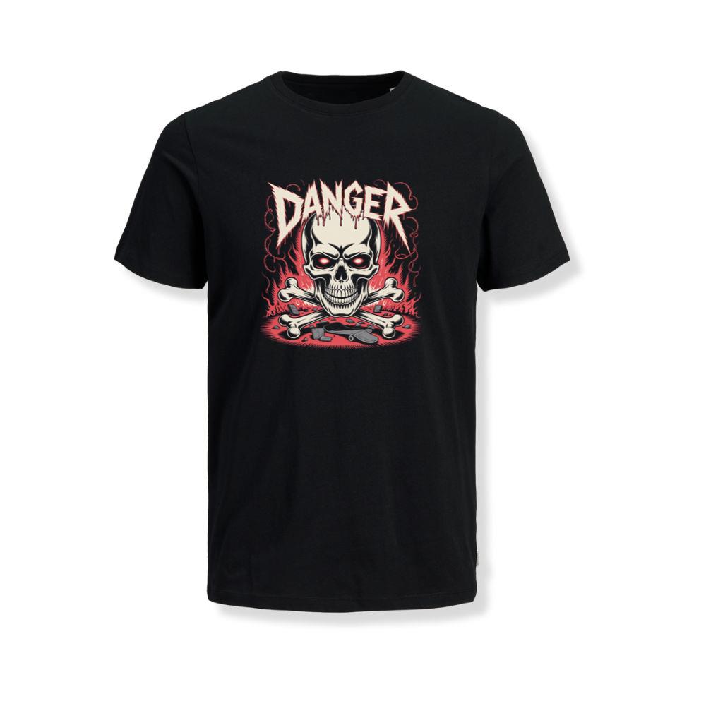 Danger Flaming Skull with Fire and Warning Typography T-Shirts