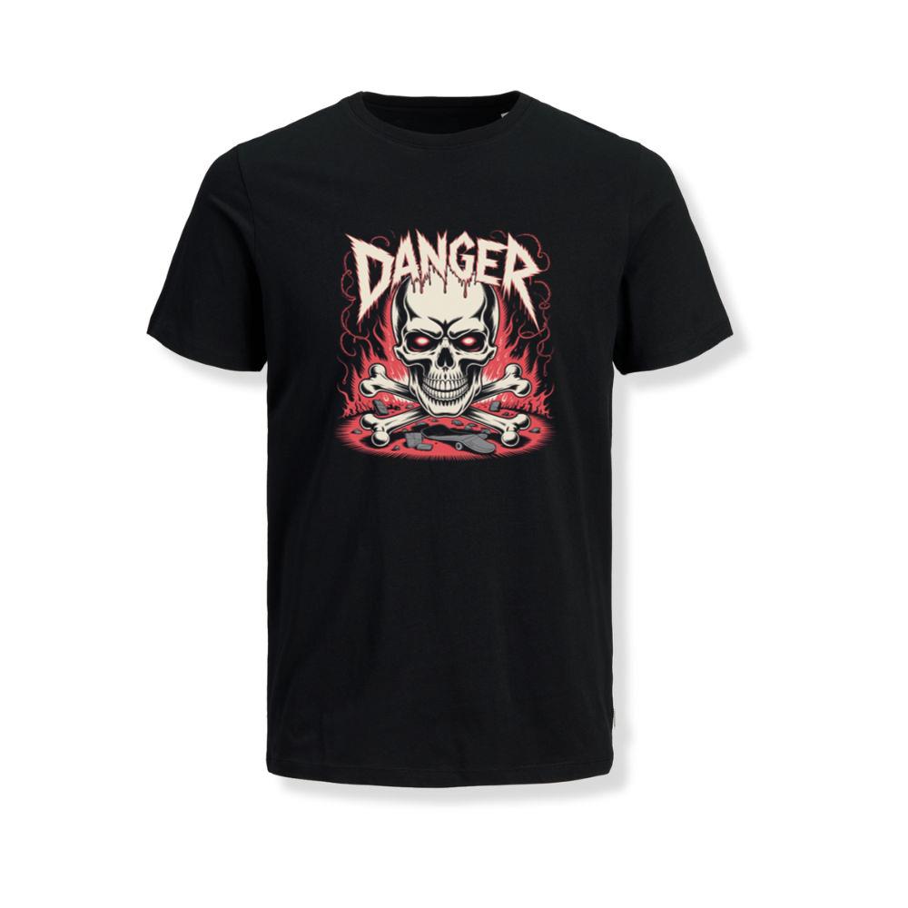 Danger Flaming Skull with Fire and Warning Typography T-Shirts