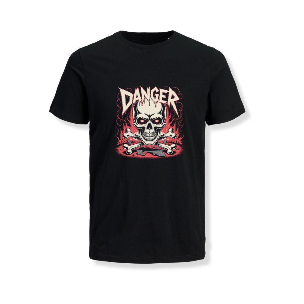 Danger Flaming Skull with Fire and Warning Typography T-Shirts
