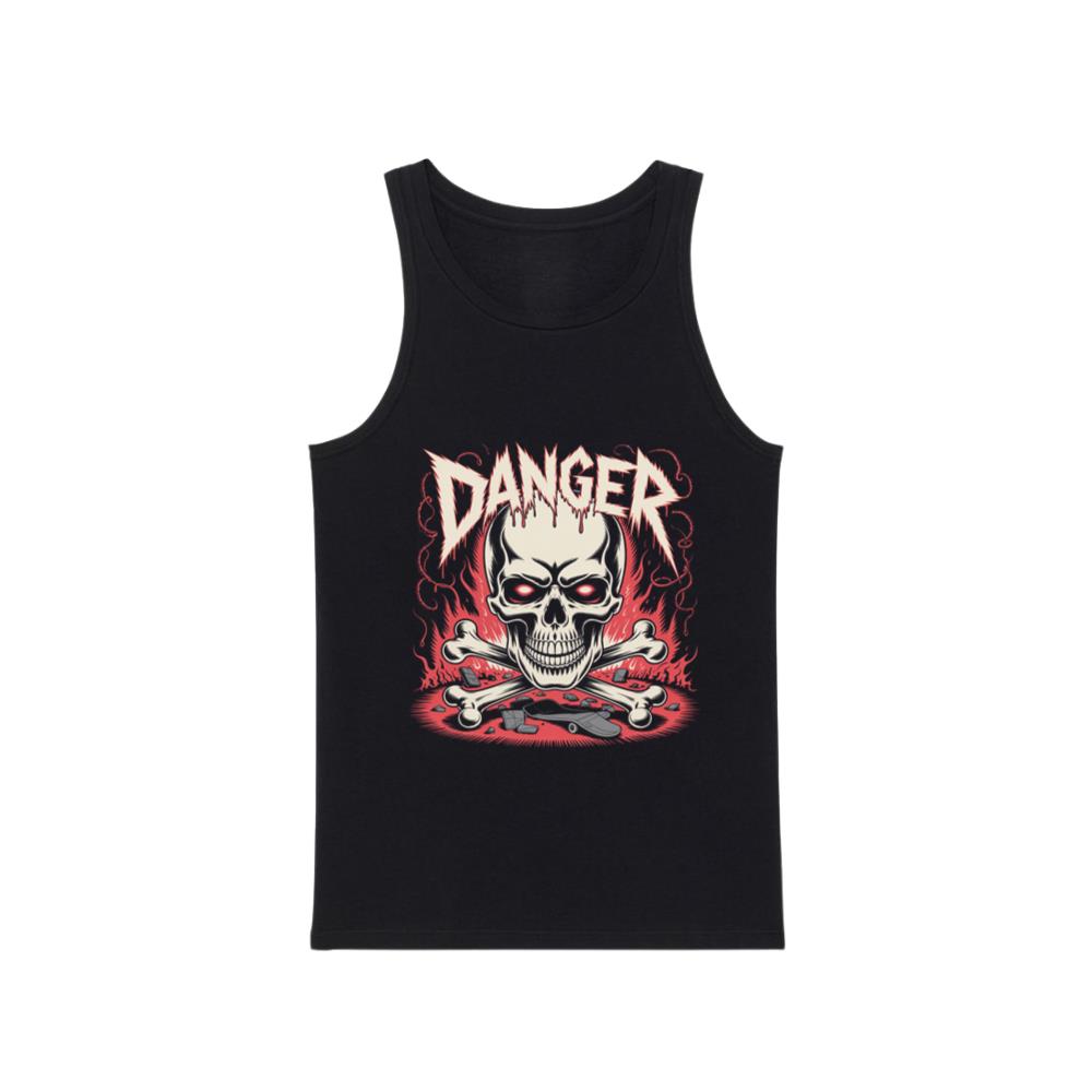 Danger Flaming Skull with Fire and Warning Typography Tank Top