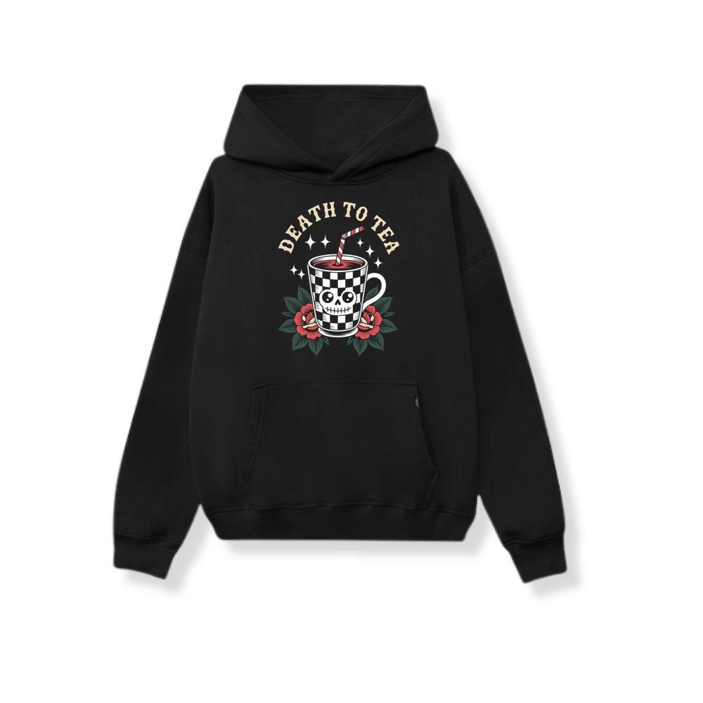 Death to Tea Skull Mug Retro Graphic Hoodie