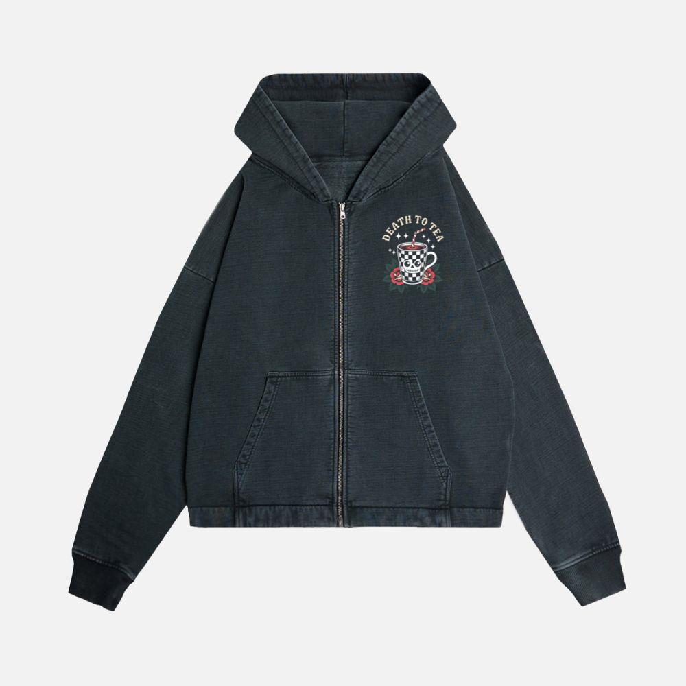 Death to Tea Skull Mug Retro Graphic Zip Hoodie Kelyee