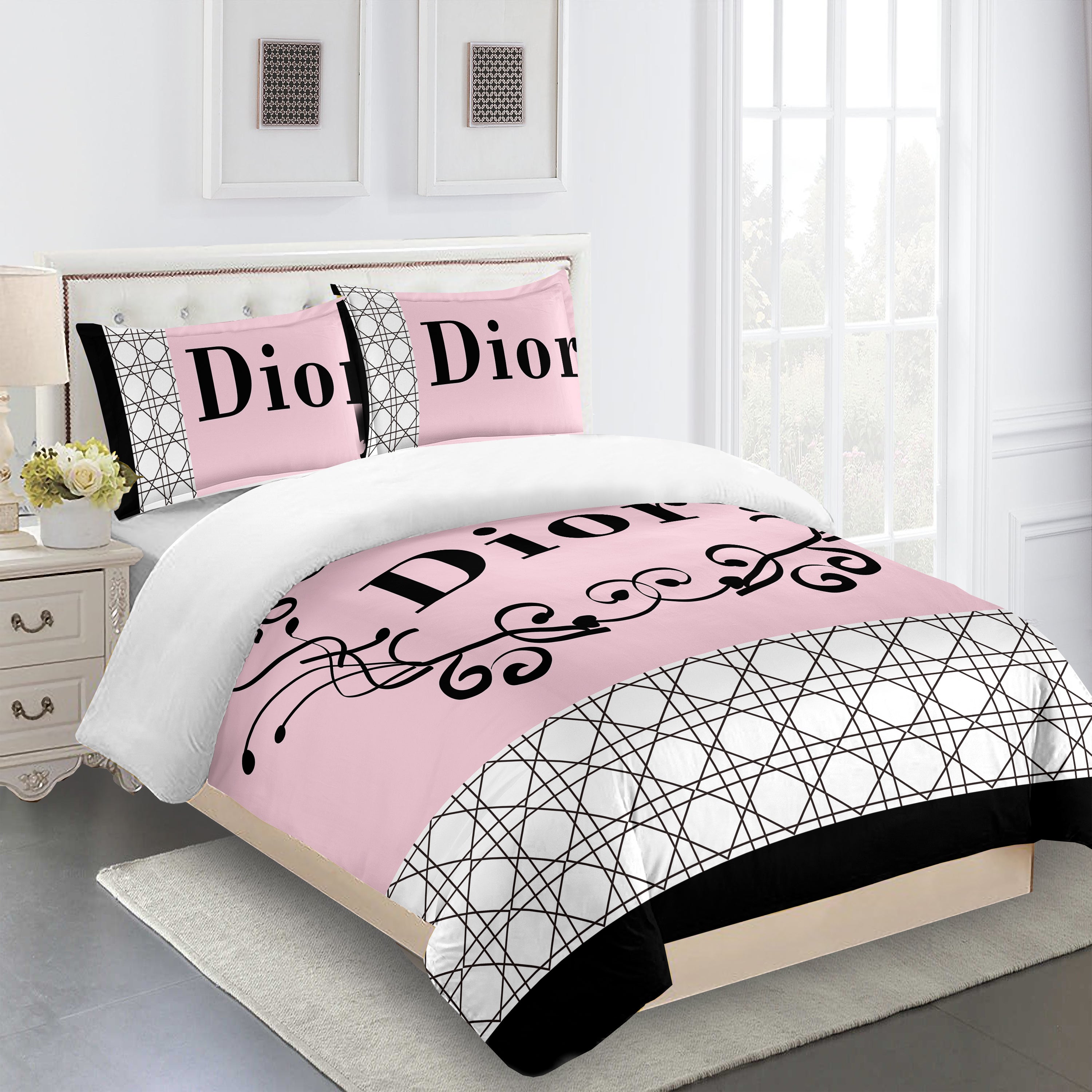 Dior bedding set pink with black logo