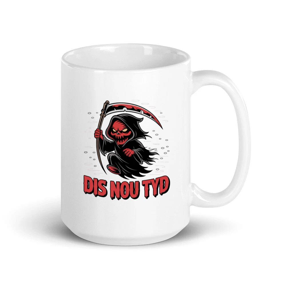 Dis Nou Tyd Skeleton Scythe Horror Graphic Mug