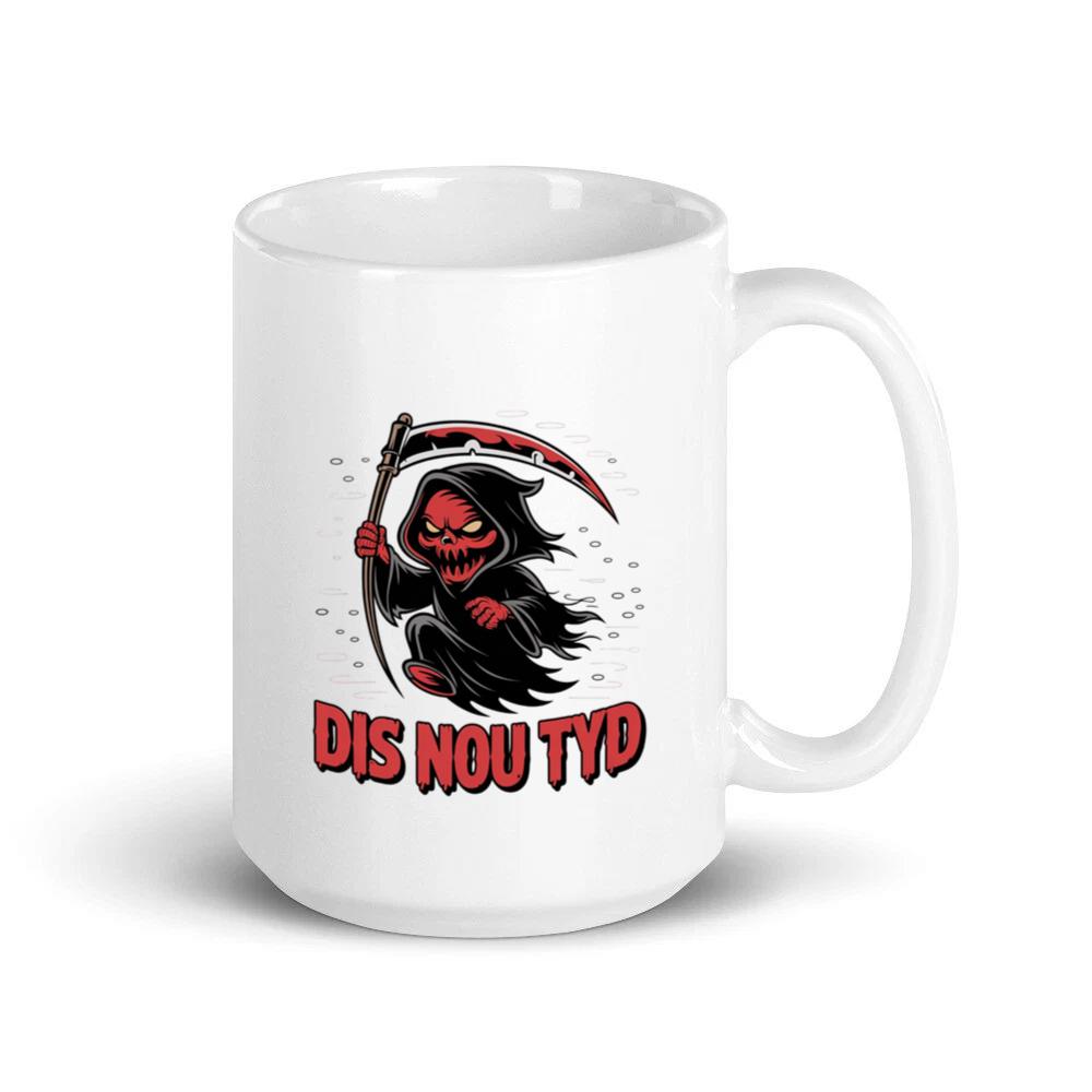 Dis Nou Tyd Skeleton Scythe Horror Graphic Mug