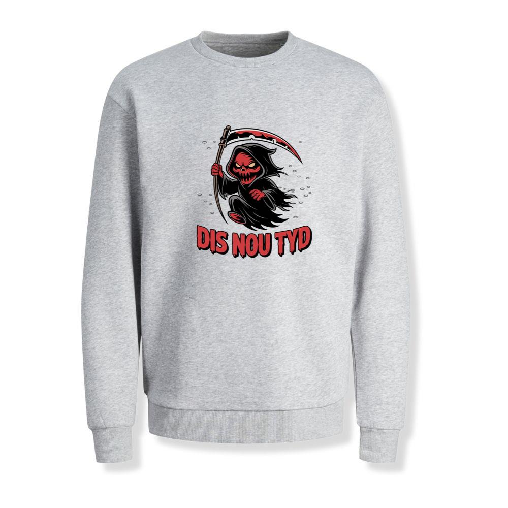 Dis Nou Tyd Skeleton Scythe Horror Graphic Sweatshirt