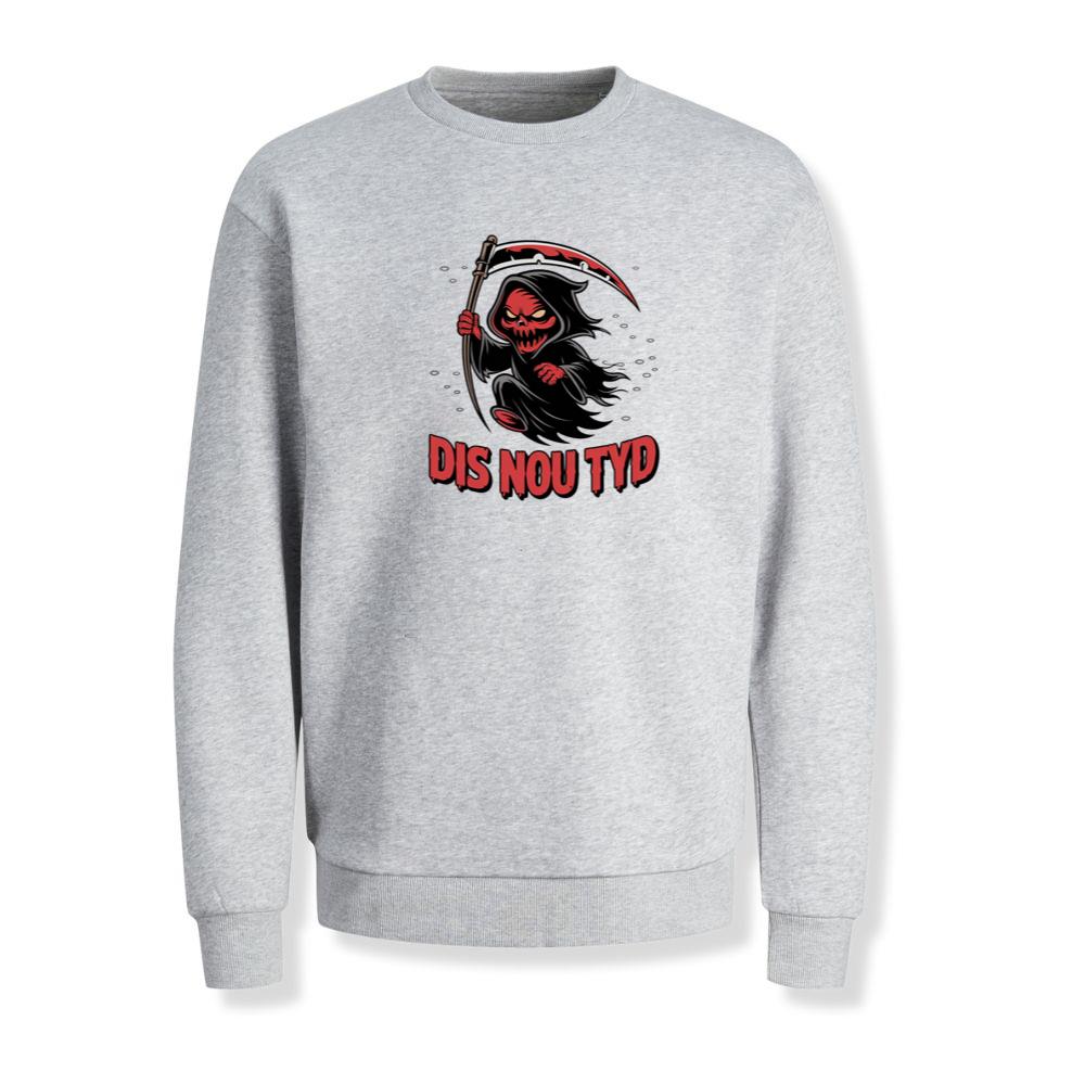 Dis Nou Tyd Skeleton Scythe Horror Graphic Sweatshirt