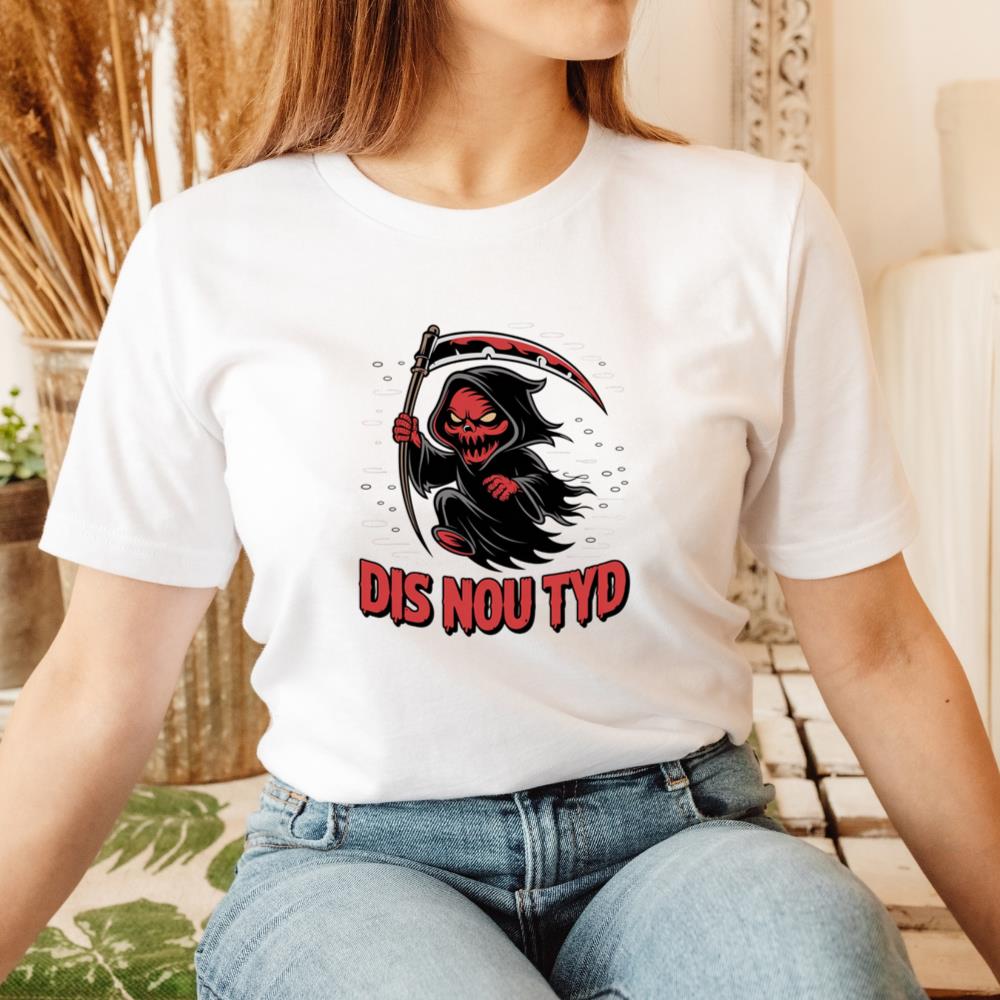 Dis Nou Tyd Skeleton Scythe Horror Graphic T-Shirt