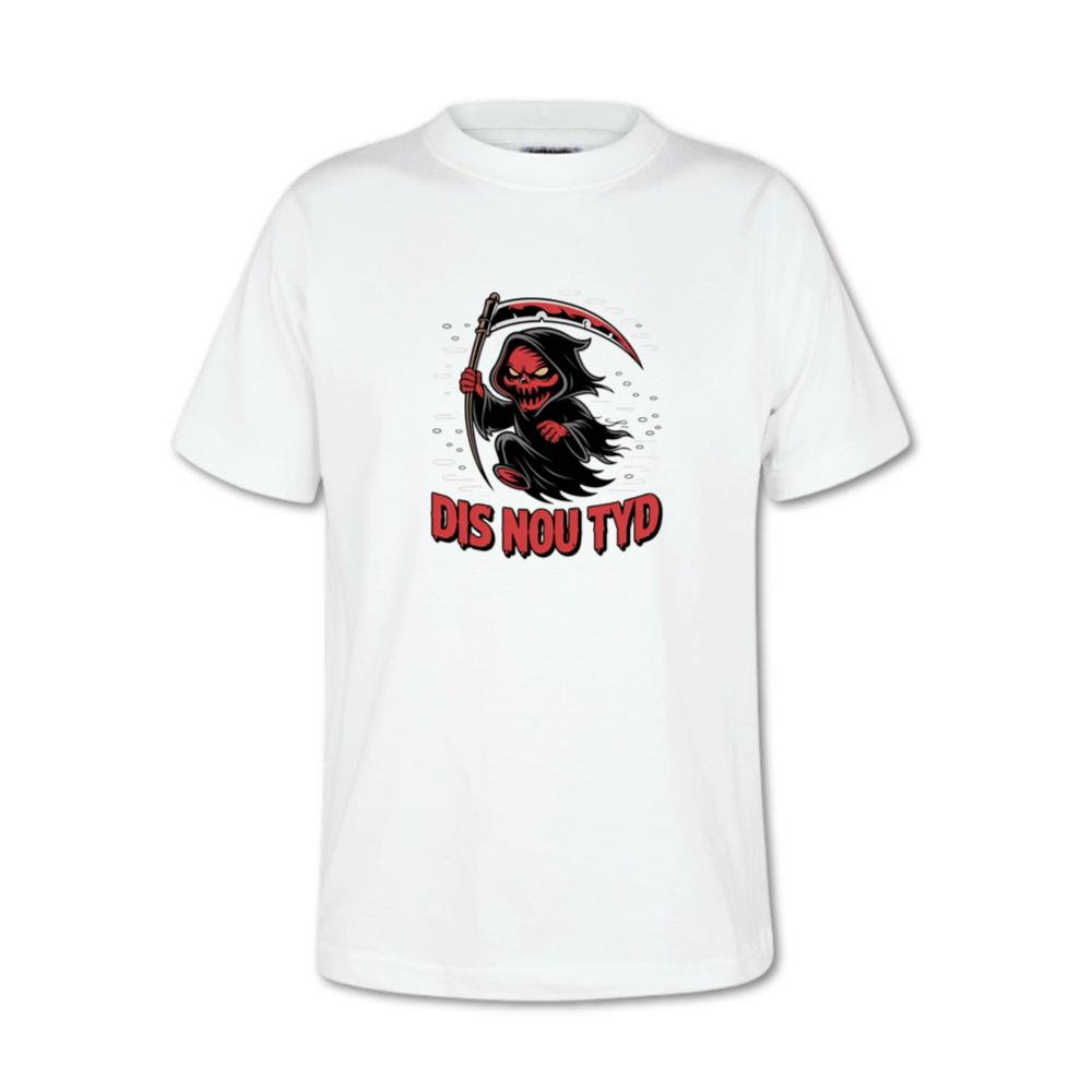 Dis Nou Tyd Skeleton Scythe Horror Graphic T-Shirt