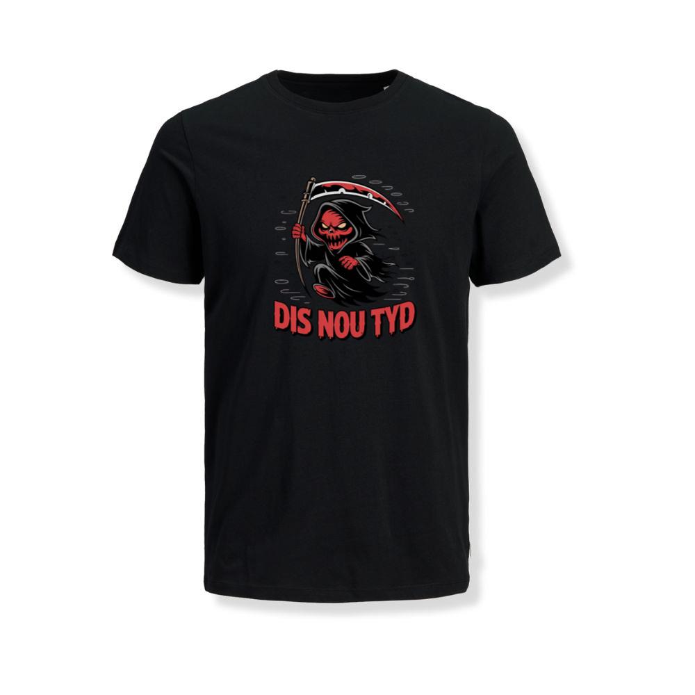 Dis Nou Tyd Skeleton Scythe Horror Graphic T-Shirt
