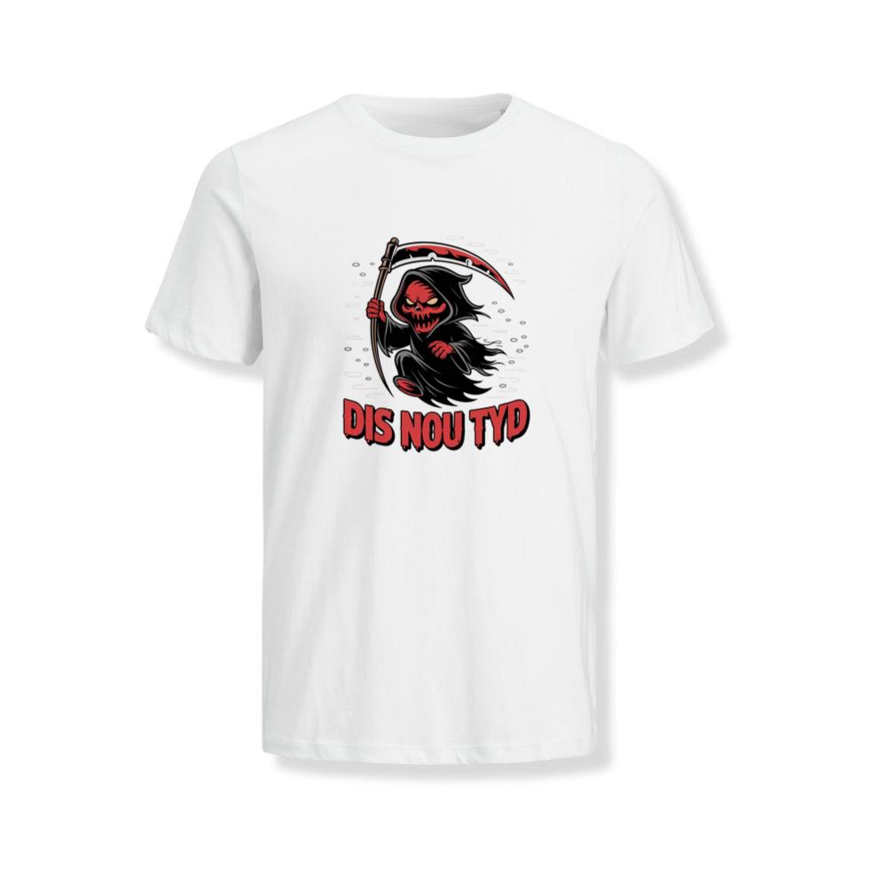 Dis Nou Tyd Skeleton Scythe Horror Graphic T-Shirt