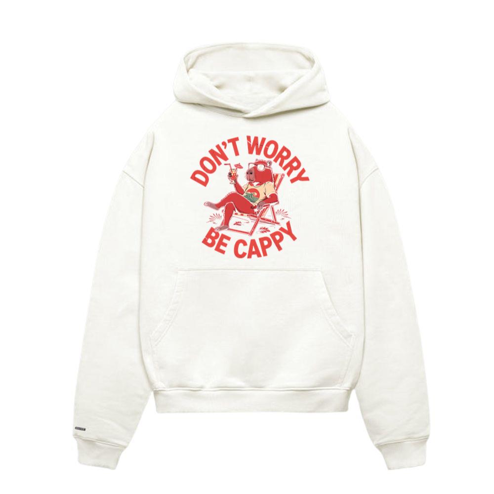Don’t Worry Be Cappy Relaxing Dog with Drink Illustration Hoodie