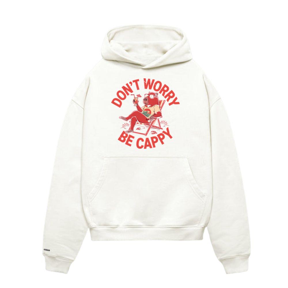 Don’t Worry Be Cappy Relaxing Dog with Drink Illustration Hoodies