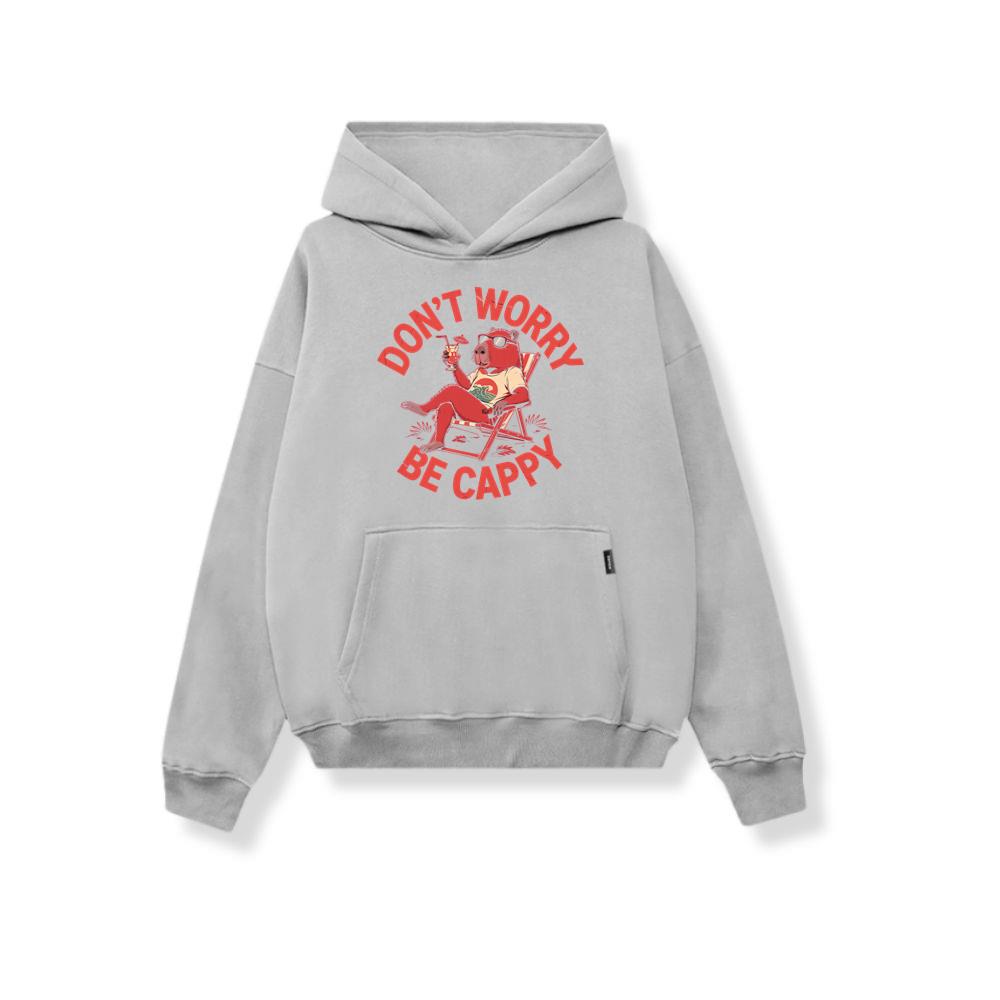 Don’t Worry Be Cappy Relaxing Dog with Drink Illustration Hoodies