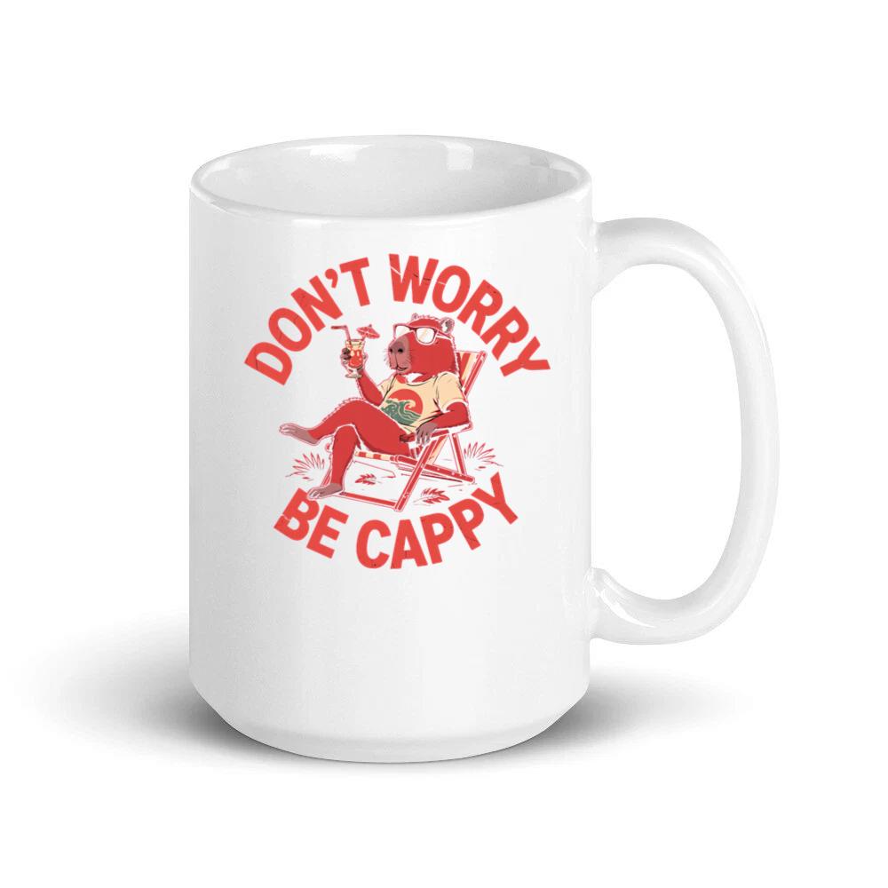 Don’t Worry Be Cappy Relaxing Dog with Drink Illustration Mug