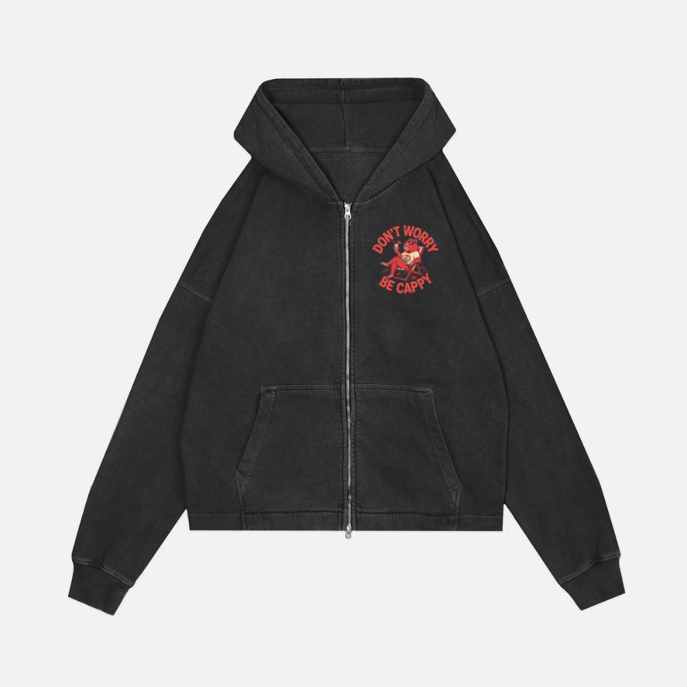 Don’t Worry Be Cappy Relaxing Dog with Drink Illustration Zip Hoodie