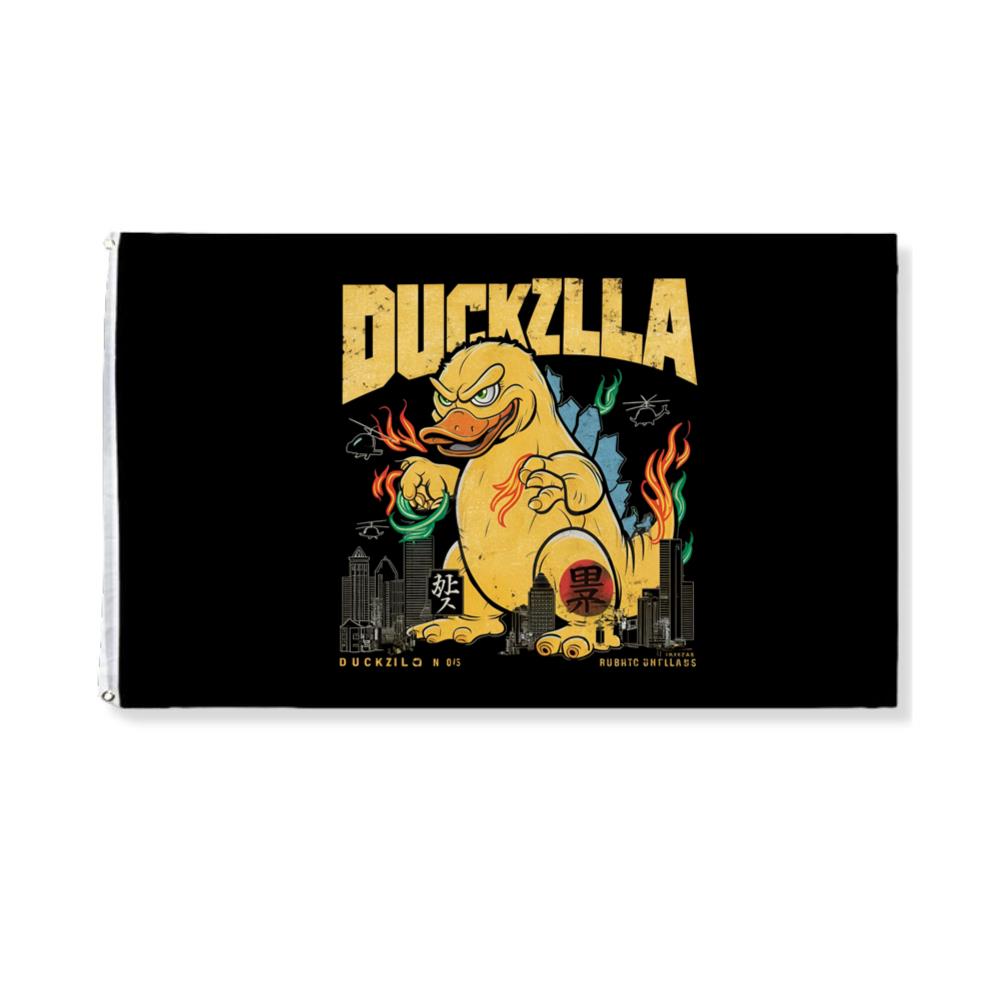 Duckzilla Monster Duck Retro Cartoon Design Flag