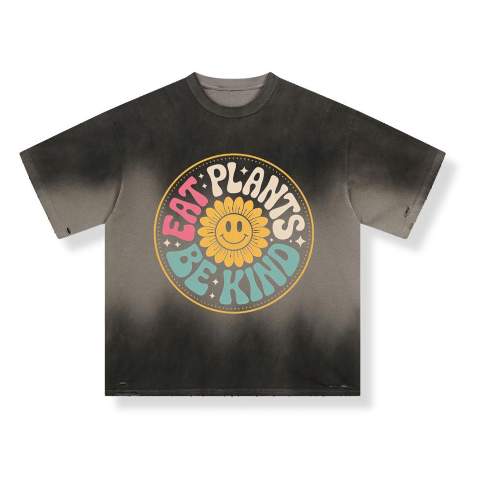 Eat Plants Be Kind Smiley Flower Artwork for Eco Friendly Fashion T-Shirt - Image 3