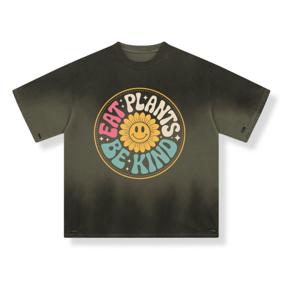 Eat Plants Be Kind Smiley Flower Artwork for Eco Friendly Fashion T-Shirt - Image 2