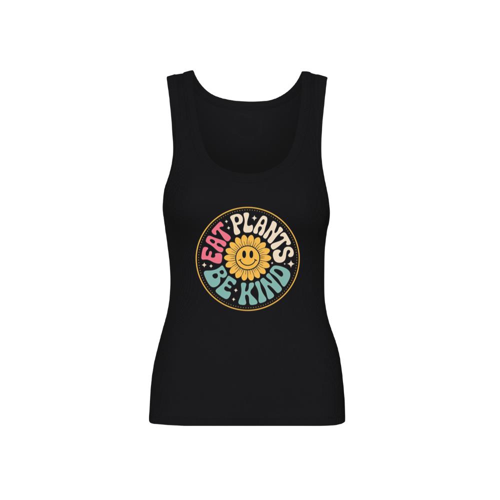 Eat Plants Be Kind Smiley Flower Artwork for Eco Friendly Fashion TankTop 