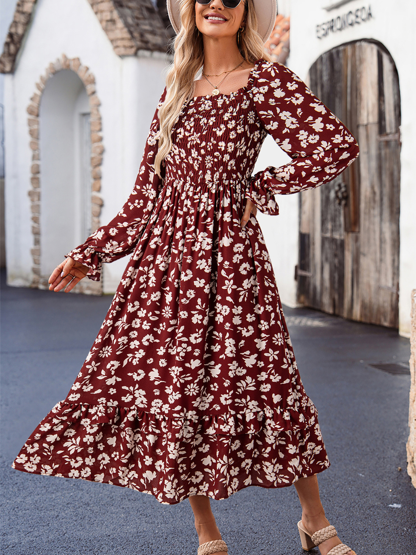 Floral Print Long Sleeve Square Neck Smocked Maxi Dress