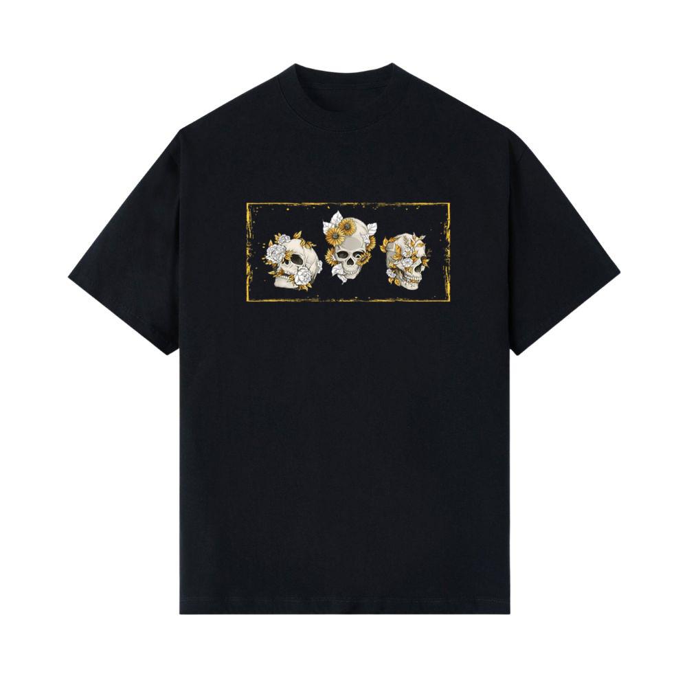 Flowers Illustration Skull Sunflower T-Shirt 