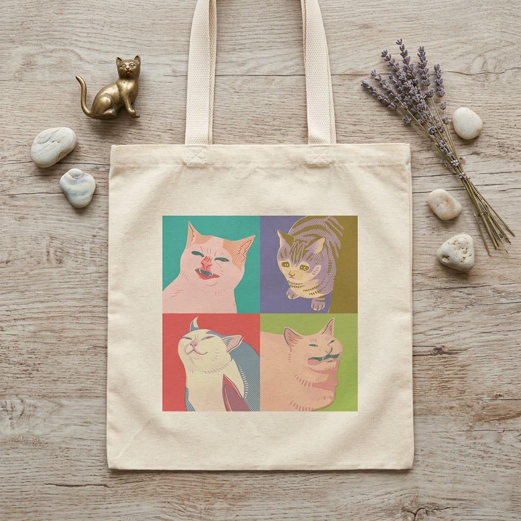 Four Cats Meme of the Apocalypse Tote Bag Funny Internet Culture Canvas Carryall Pop Art Ironic Cat Meme Aesthetic Shopper Eco-Friendly Gift for Gen Z & Millennials