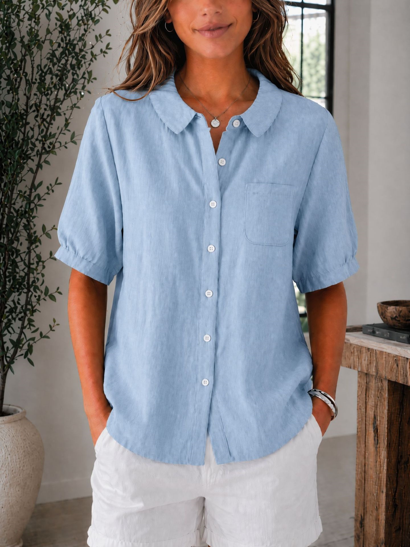 Full Size Button Up Short Sleeve Shirt Plus Size
