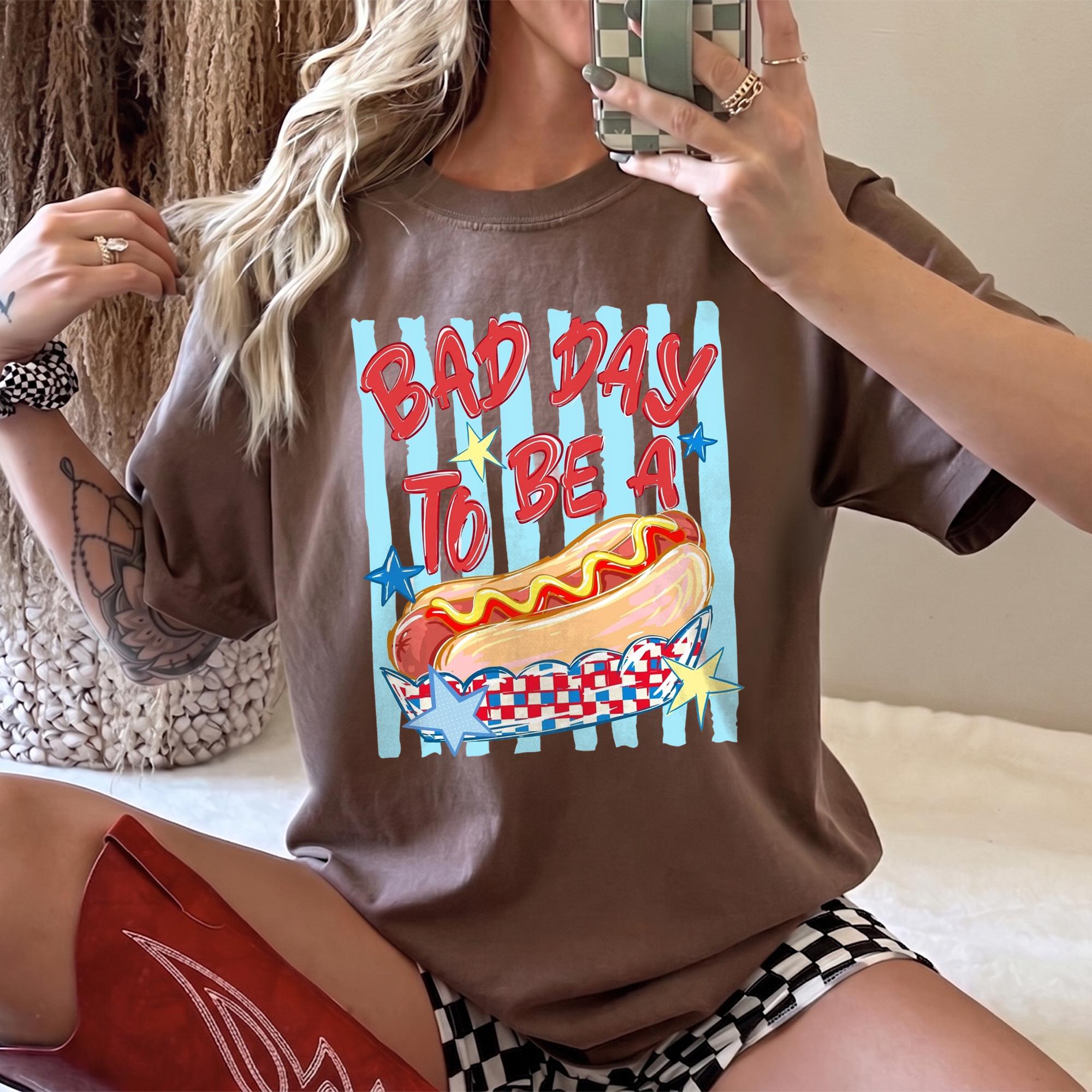 Funny Bad Day To Be A Hot Dog Graphic T-Shirt For Men And Women Adult Unisex Retro Patriotic BBQ Meme Tee Soft Cotton Comfort Summer Top Independence Day 4th Of July Glizzy Shirt Novelty Wearable Joke Festival Outfit