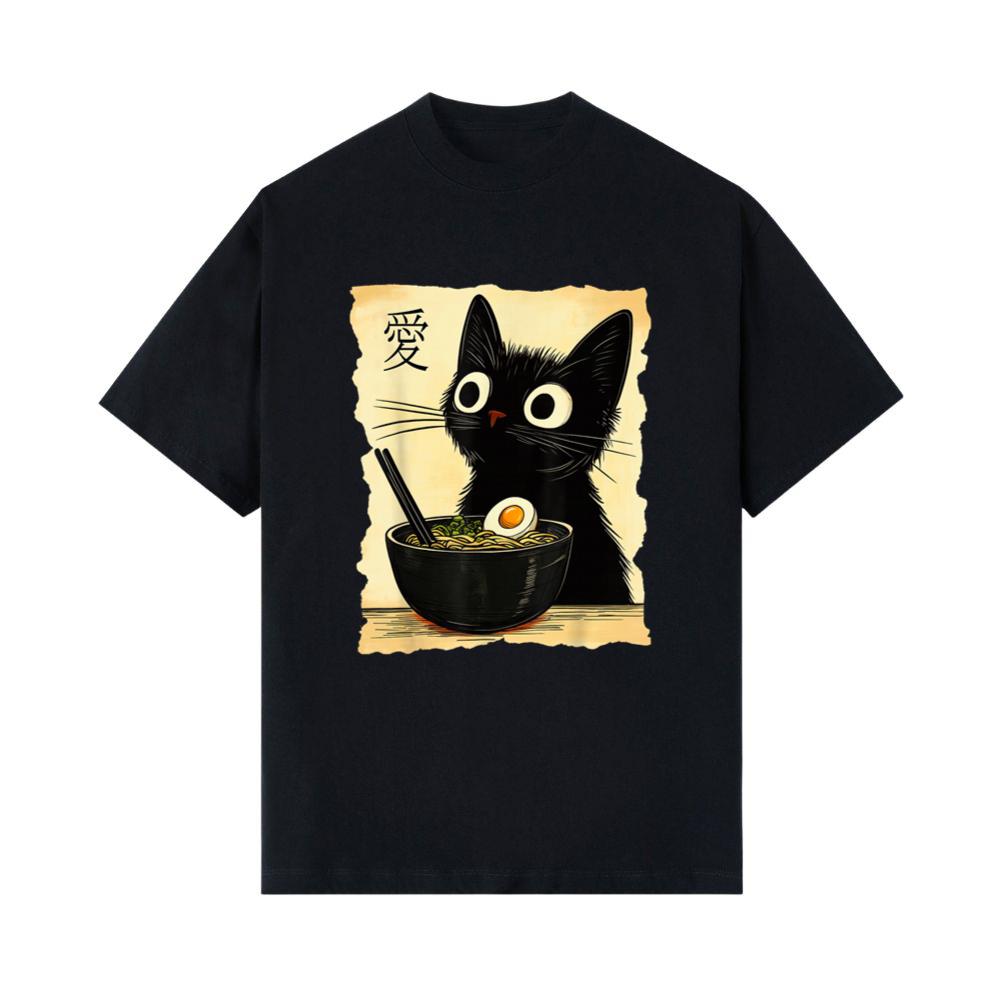 Funny Cat Ramen Graphic Tee Japanese Kawaii Anime Cat T-Shirt 