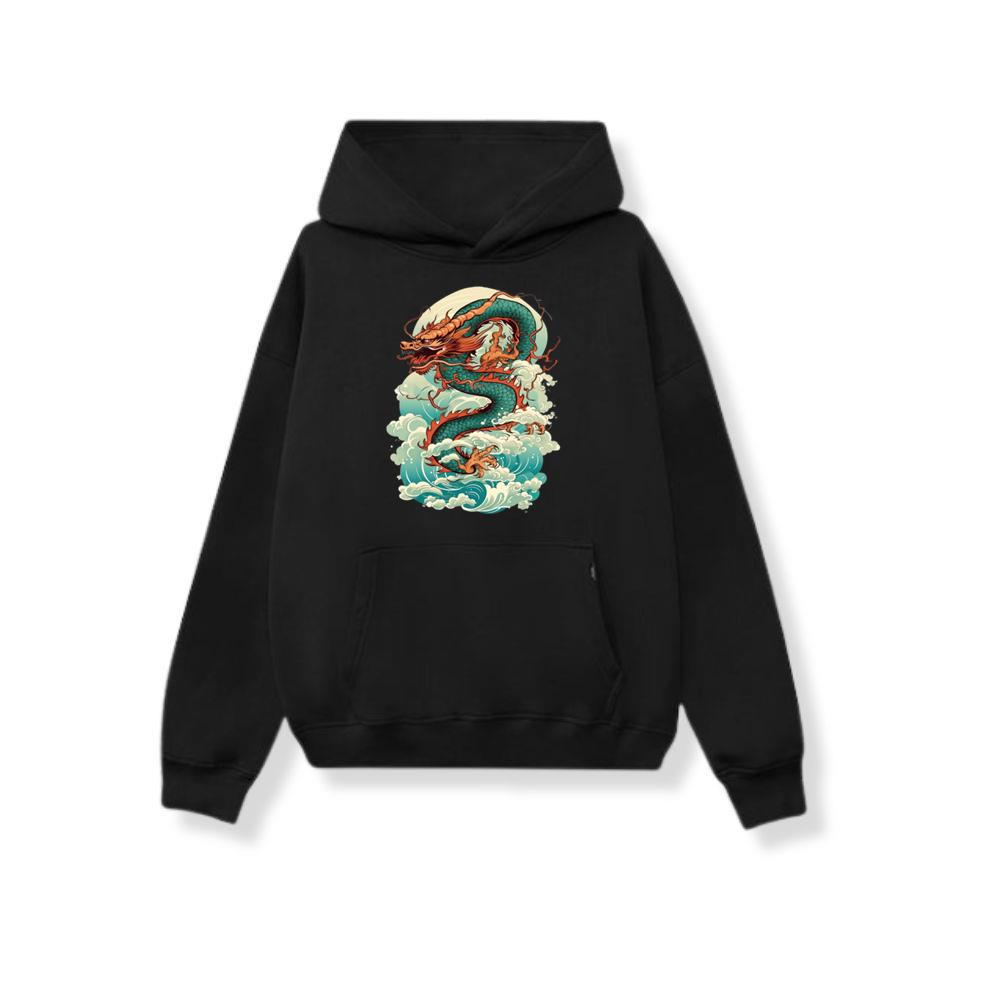 Green Asian Dragon with Water Japanese Sea Waves Hoodies