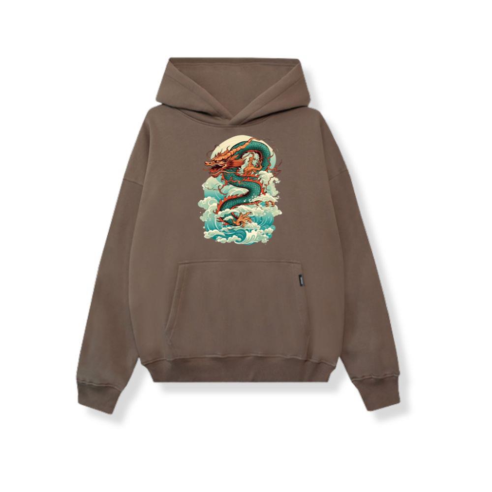 Green Asian Dragon with Water Japanese Sea Waves Hoodies