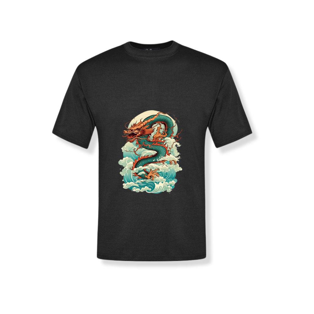 Green Asian Dragon with Water Japanese Sea Waves T-Shirts