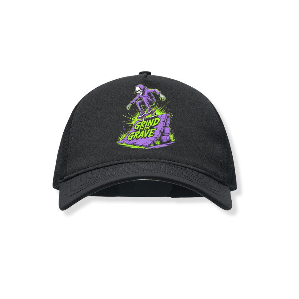 Grind to the Grave Skeleton Skateboard Graphic Black Hat