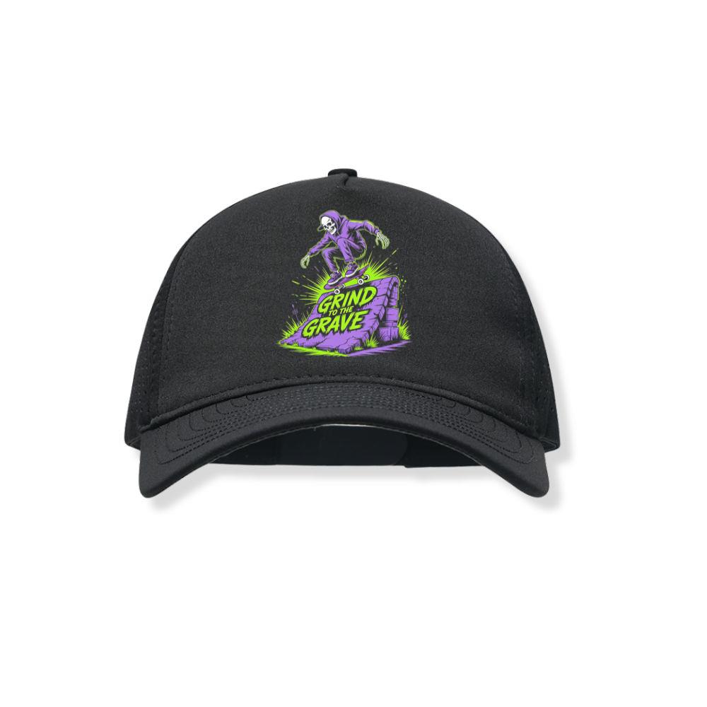 Grind to the Grave Skeleton Skateboard Graphic Black Hat