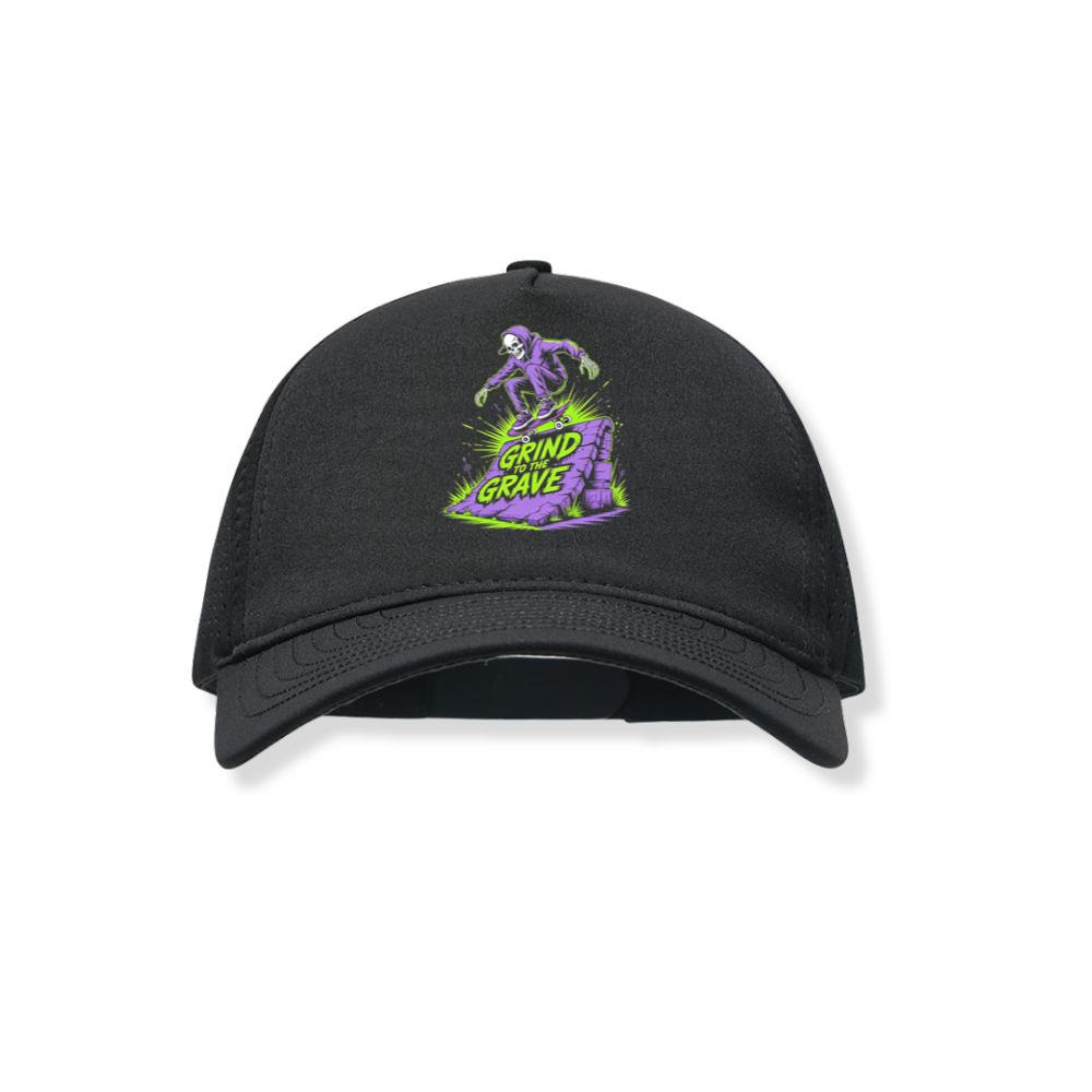 Grind to the Grave Skeleton Skateboard Graphic Black Hat