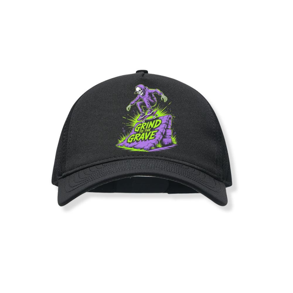 Grind to the Grave Skeleton Skateboard Graphic Black Hat