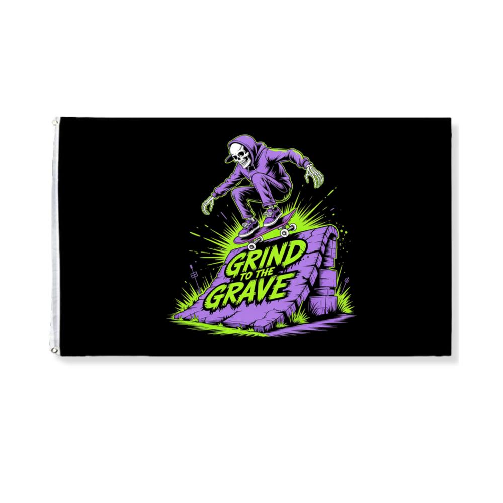 Grind to the Grave Skeleton Skateboard Graphic Flag